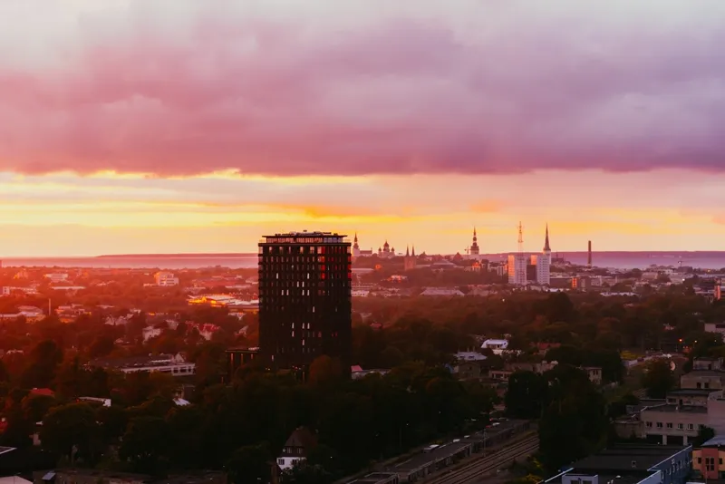 Tallinn at sunset, with the old town spires
